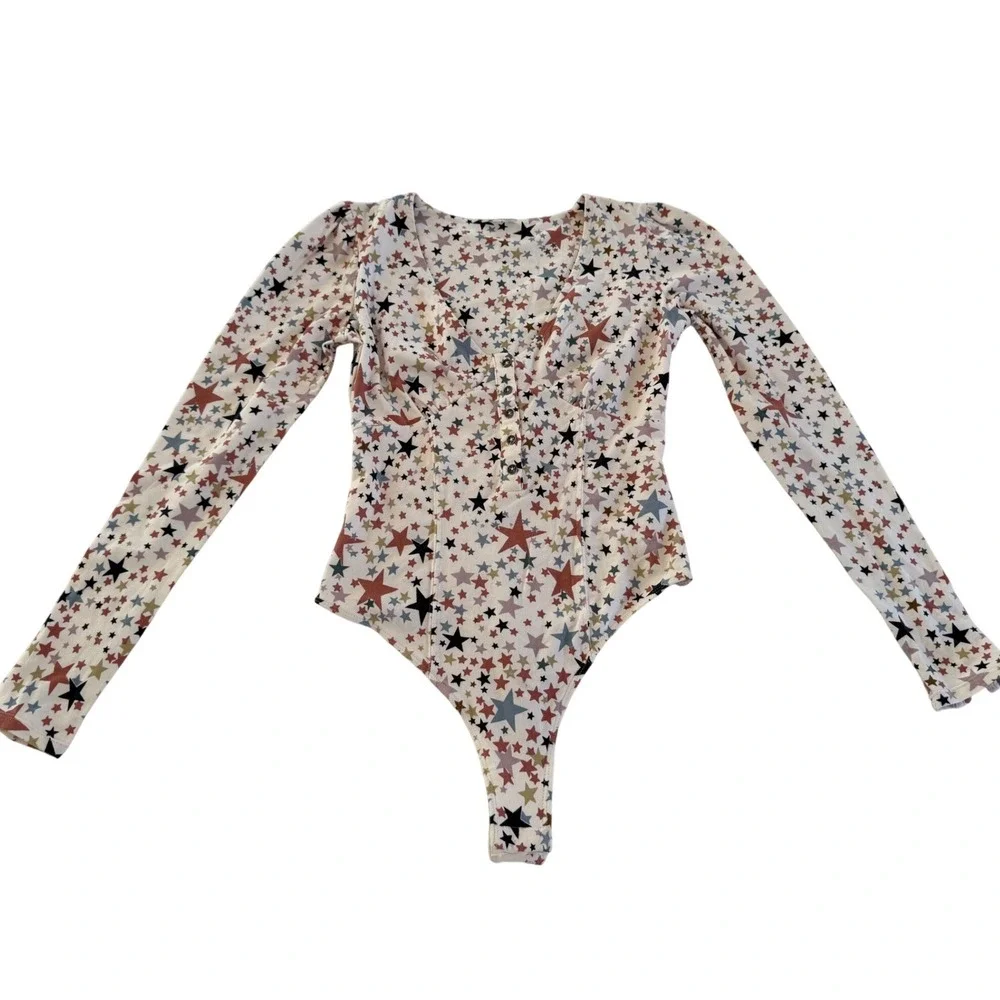 Free People Girls Like Us Bodysuit XS Ivory Star Print Y2K Celestial Festival